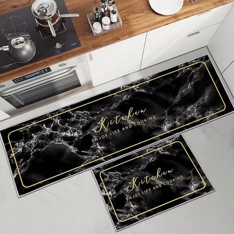 (C)Tapis de Cuisine antidérapant et Lavable 2 pièces, Marbre Doré Antiderapant Tapis de Cuisine Devant evier pour Cuisine, buanderie, Salon (1/5)