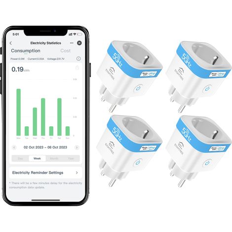 Prise Connectée WiFi 2.4G/5GHz, Prise Intelligente Programmable, Compatible avec /, Suivi de Consommation, Contrôle Appli/Voix, 16A 3680W, Type F, 4PCs (1/5)