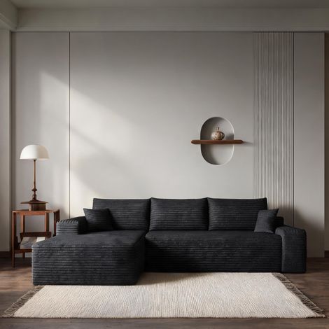 Canapé d'angle modulable 270 cm en velours côtelé noir en tissu (1/5)