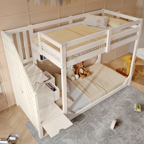Lit Superposé 90×200 cm et 90×200 cm, Lit 2 Places avec Armoire Escalier, Rangements et Étagères, sans Matelas, Bois, Blanc (1/5)