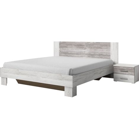 Lit + chevets VERA 180x200 cm , blanc et gris cérusé (1/2)