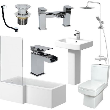L Shaped Bathroom Suite Close Coupled Toilet Basin LH Bath Screen