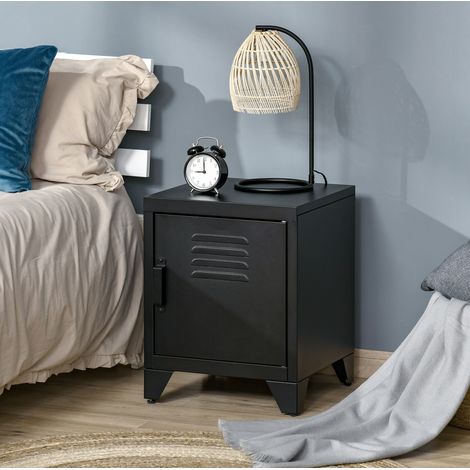 Mesita de noche 40x40x50 cm negra de metal con estante ajustable y puerta con ventilación (1/5)