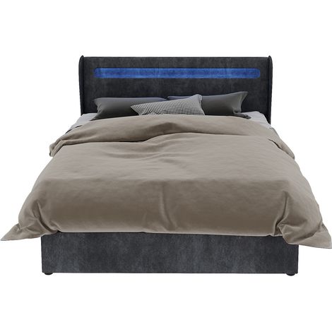Lit rembourré minimaliste moderne avec tête de lit LED douce intégrée, 140x200 cm, gris, meuble de chambre multifonctionnel, base de rangement haute avec mécanisme à vérins à gaz, matelas non inclus. (1/5)