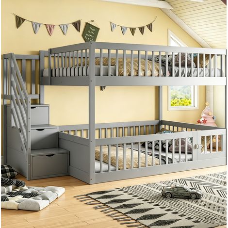 Letto a castello moderno in legno massello grigio 140x200 cm con scala contenitore, sponde di sicurezza e cassetti