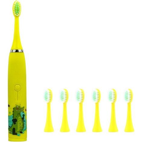 Ynkkvre - Brosse à dents électrique pour enfants - Étanche IPX7 - Vibrations douces pour les gencives sensibles - 6 têtes de brosse - À partir de 6 ans - Jaune (1/5)