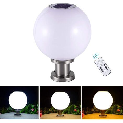 LED Lampe Pilier Portail Solaire Exterieur,Lampadaire de Jardin Boule Ronde Sans fil,Terrasses et Patio Eclairage IP65 Étanche,Inoxydable,Télécommande,Dimmable,Minutage, 3 Couleur,D20h25cm (1/5)