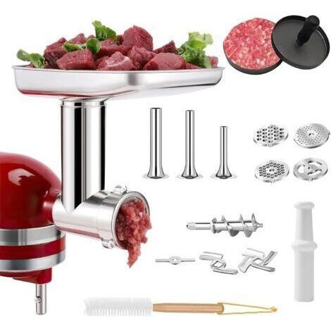 Accessoire Hachoir à Viande pour Robot Ménager KitchenAid, Comprend Un Poussoir à Saucisse, Une Brosse de Nettoyage, Acier Inoxydable Un Ensemble Trancheur-râpe pour KitchenAid (1/5)