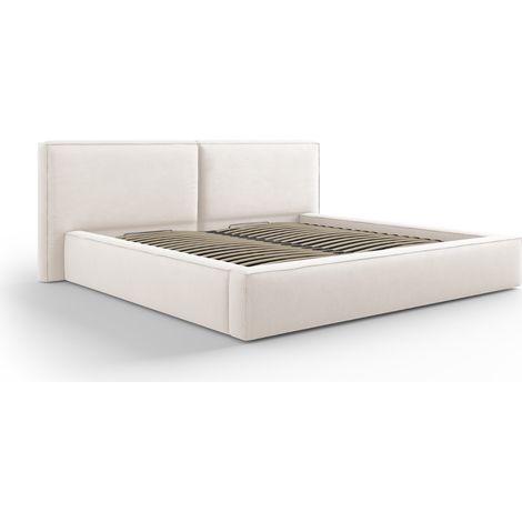 Lit coffre + 2x tête de lit 200x200 tissu structurel beige clair (1/4)