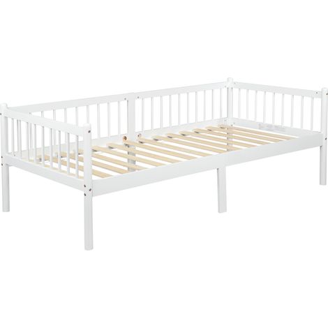 Lit banquette en pin blanc 90 x 200 cm avec barrières 3 côtés et 14 lattes (1/5)