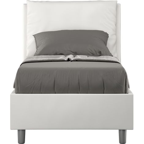 Lit moderne 80x190 cm avec tête de lit coussin simili cuir blanc Anja- (1/5)
