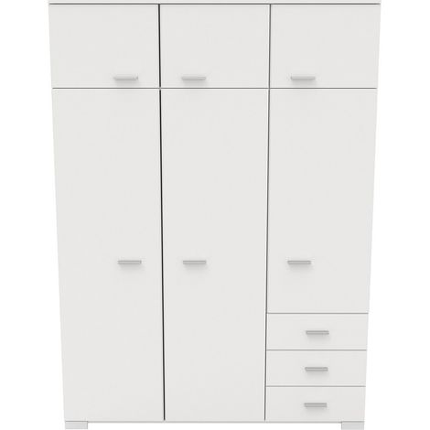 Calicosy – Armoire contemporaine blanche 6 portes 3 tiroirs – Dimensions L 146 x P 55 x H 203 cm – Panneaux de particules décor blanc (1/5)