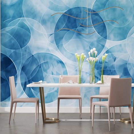 Papier peint geometrique cercles flottants bleus 1 - 150 x 250 cm (1/2)