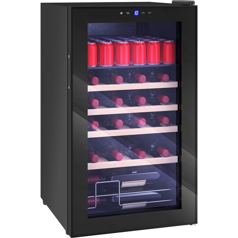 Cave à vin 63 L avec clayettes réglables pour 16 bouteilles et 25 canettes. 43 x 45 x 74 cm. Noire.