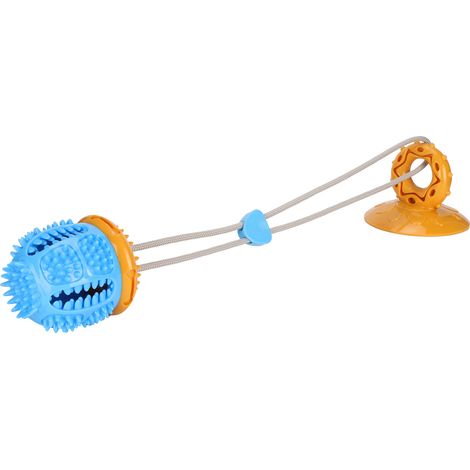 Jouet à mâcher pour chien, distributeur de nourriture et brosse à dents, avec ventouse, bleu et jaune. (1/5)