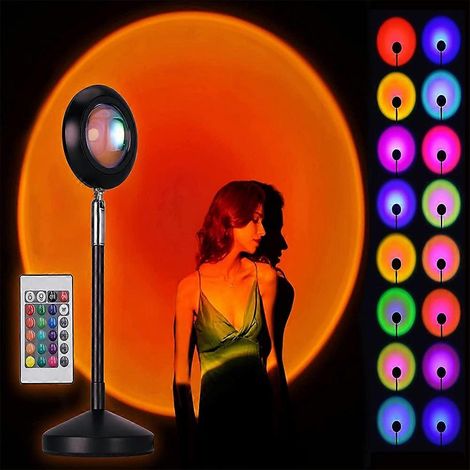 Lampe coucher de soleil, 16 couleurs, luminosité réglable, projection coucher de soleil, lampe RGB, rotation à 180°, télécommande infrarouge, idéale pour les selfies et les fêtes. (1/5)