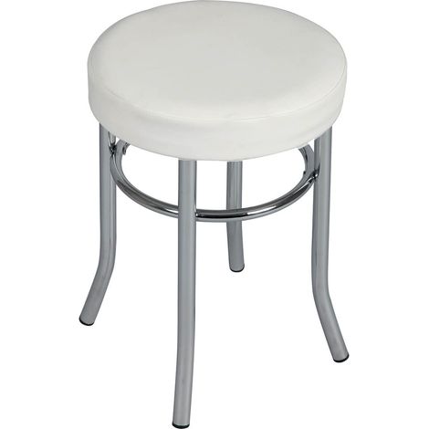 Altobuy – Tabouret rond acier chromé Ø32 cm – Assise simili blanc – Garnissage mousse polypropylène 32kg/m3 – Pour intérieur moderne (1/4)