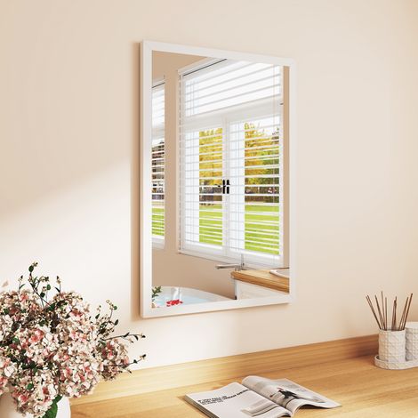 Specchio rettangolare da parete 60 x 40 cm, con cornice in legno bianco, ideale per il bagno, il soggiorno o la camera da letto. (1/5)