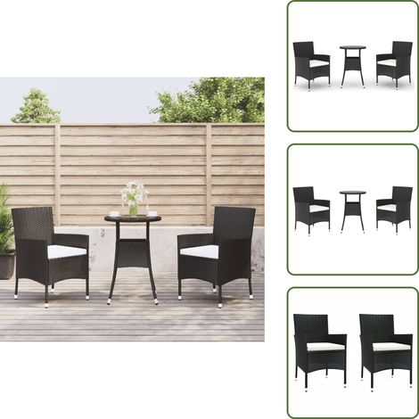 3-tlg. Garten-Bistro-Set mit Kissen Schwarz Poly Rattan - Gartensofa - Gartenstuhl - Esstisch - Outdoor Möbel - Balkonmöbel (1/5)