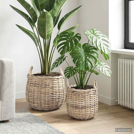 vidaXL Cestino per piante con archiviazione 2 pcs Grigio Rattan (1/5)