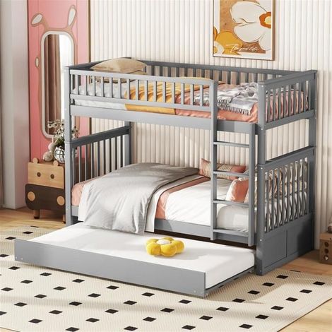 Lit superposé - GUTENT - 90x200 cm - Bois massif - Gris - 3 places (1/5)