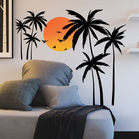 Un lot de Sticker Mural cocotiers coucher du soleil Autocollant mural décoration Murale (1/4)