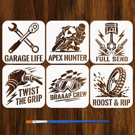6Pièces Pochoirs Textes Moto Avec Pinceau 15x15cm 6 Styles Pochoir Moto Graffiti Pochoir Motif Motorbike Réutilisable pour Peinture Sur Bois, Mur, Meubles, DIY, Décoration Intérieure (1/5)