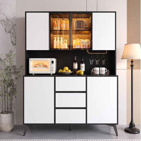 Buffet haut vitrine LED réglable par appli, 120x40x160 cm, noir et blanc, MDF, FloraGrace (1/5)