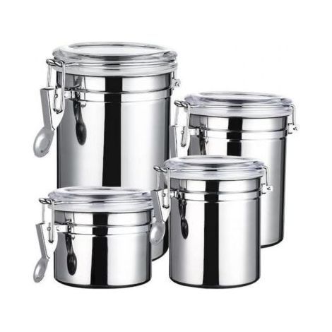 Ein Set aus vier Edelstahl-Küchenbehältern, jeweils mit transparentem, luftdichtem Deckel und Verriegelungssystem, eignet sich zur Aufbewahrung von Lebensmitteln, Keksen, Mehl, Zucker, Tee, Kaffee usw (1/4)