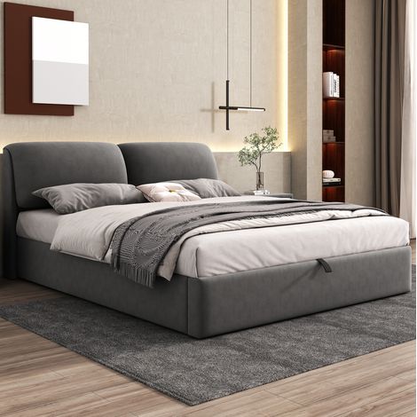 Cama canapé para adulto 160x200 cm de terciopelo gris con almacenaje, sin colchón FloraGrace (1/5)