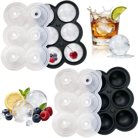 Lot de 2 Bac a Glacons Silicone, 6 Boules de 4,5 cm Moule à Glaçons, Glacons Moule Rond avec Couvercle, Réutilisables sans BPA pour Cocktails, Whisky et Boissons (Noir) (1/5)