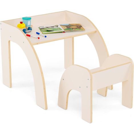 COSTWAY Table Enfant avec Chaise & Grand Plateau, Table et Chaise Enfant en Bois avec Accoudoirs Courbés, Table d'Activité pour Lire Manger Jouer, Charge 25/70kg pour Enfant de 3 Ans+ (Blanc) (1/5)