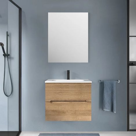Mobile bagno sospeso 60 rovere cannettato 2 cassetti lavabo e specchio Rigo (1/5)