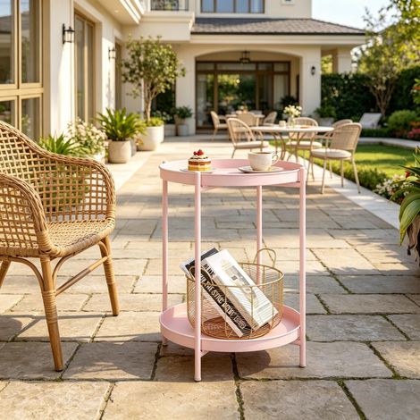 Table d'appoint ronde - 44x44x53 cm - Bout de canapé fixe amovible 2 plateaux de service amovibles rangement metal - Rose (1/5)