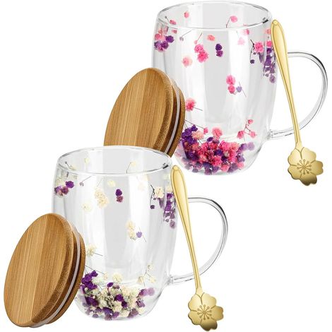Lot de 2 tasses à café à double paroi avec fleur séchée, verres à double paroi de 350 ml avec anse, tasses en verre à double couche, tasses à café fleurs séchées, verres à macchiato avec fleurs (1/5)
