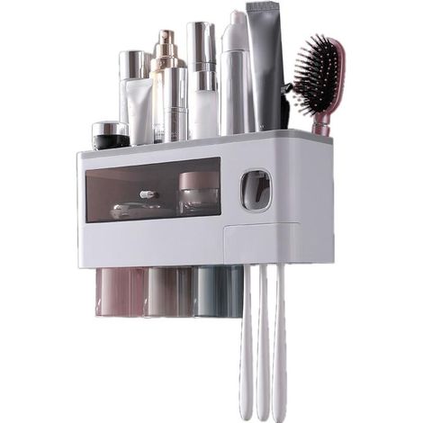 Porte-brosse à dents mural multifonction à fixation magnétique, étagère de rangement pour salle de bain avec tiroir et distributeur de dentifrice à 3 compartiments, gris translucide (31,4 x 11,3 x 20 (1/4)