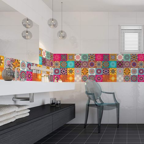 Stickers Carrelage Adhésif - Sticker Autocollant Carreaux de ciment – Décoration Murale Stickers Tiles pour Salle de Bain et Cuisine - Carreaux de ciment adhésif mural - 10 x 10 cm - 24 pièces (1/5)