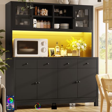 Buffet haut de cuisine 140x38,5x180 cm, éclairage LED, 2 portes vitrées, 4 tiroirs, étagères réglables, charge 100 kg, MDF, noir (1/5)