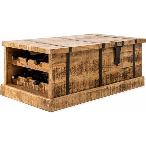 Couchtisch TRESORO 100 cm aus massivem Mangoholz mit Flaschenablage