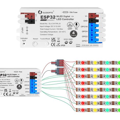 Contrôleur LED WiFi 4 Voies ESP32 WLED - pour Bandes LED RGB 5-24V - Max 15A - GL-C-017WL-D (1 Pièce)