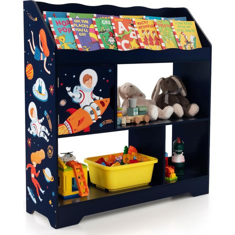 GOPLUS Étagère de Rangement Enfants-Bibliothèque 3 Compartiments-Dispositif Anti-basculement-Étagère à Livres avec Motif Fusée Bleu (1/5)