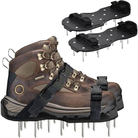 1 paire Aérateur de pelouse, Scarificateur de pelouse Scarificateur Chaussures à pointes avec sangles réglables, Universel À l'intérieur et à l'exterieur,Noire,de (1/4)