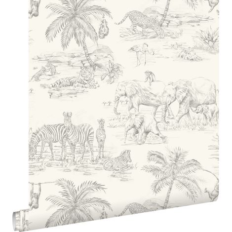 papier peint animaux de la jungle gris et blanc - ESTAhome (1/5)