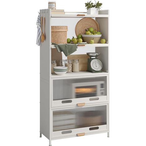 Étagère de Rangement à 5 Niveaux, Etagere Cuisine avec Roues et Coussinets de Pied, Étagère Micro-Ondes, Meuble Rangement, Organisateur et desserte de Cuisine Blanc, 70 32 145cm (1/5)