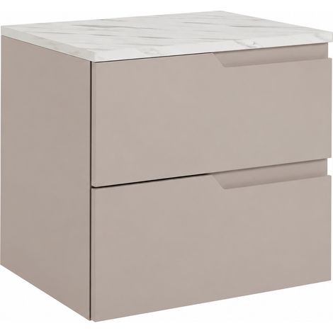 Meuble de salle de bain suspendu 60 cm à tiroirs, coloris cachemire + plan de travail marbre Bianco, 60 x 46 x 58,6 cm (1/5)