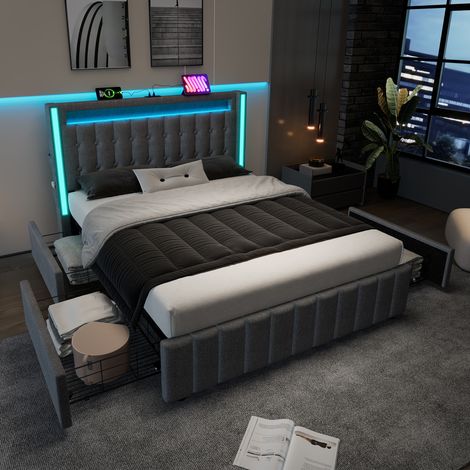 Bett mit Stauraum Leinen Grau 140x200 cm, LED-Beleuchtung, USB- und Type-C-Ladefunktion, 4 Schubladen