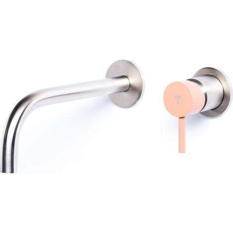 Rubinetto Miscelatore Monocomando Lavabo da Parete in Acciaio Inox Maniglia Cipria (1/2)