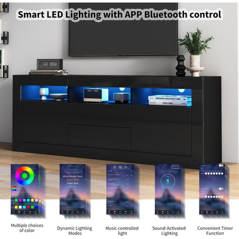 Armoire de télévision en acier poli, mesure : 1603560 cm. Éclairage LED. Il comporte 3 compartiments ouverts, 2 portes et 2 tiroirs. Commande via application intelligente. Conçu pour accueillir des té (1/5)