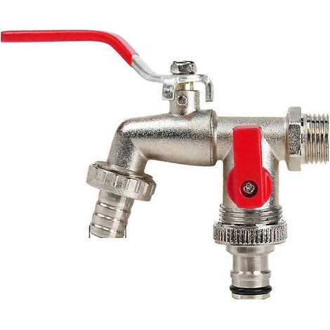 Robinet de jardin à double sortie (1 pièce), robinet extérieur fileté multi-composants, compatible avec les arroseurs et les systèmes d'arrosage automatique. (1/5)