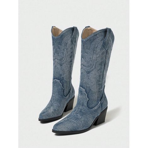 Bottes de chevalier western brodées vintage, bottes de cowboy, talons épais et bouts pointus, bottes pour femmes pleines d'entrain en grande taille, bleu et bleu foncé (1/4)